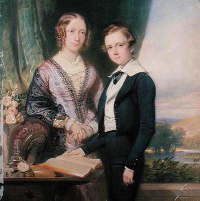 Portræt af en ukendt ung mand, der står ved sin mor (akvarel på papir) af George Richmond