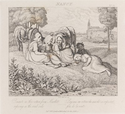 Bønder vender tilbage fra markedet, Nancy, ca. 1821 (ætsning) af George Robert Lewis