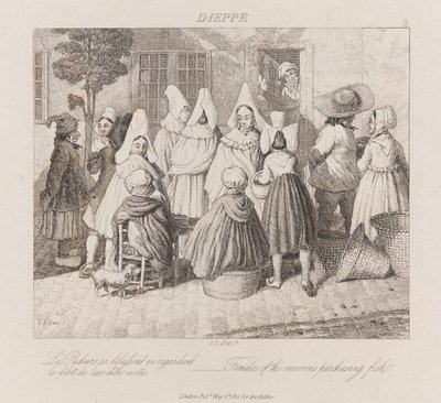 Kvinder, der køber fisk, Dieppe, ca. 1821 (ætsning) af George Robert Lewis