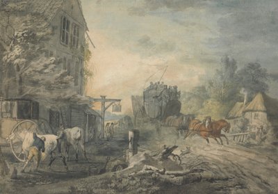 En diligence og fire suser gennem en landsby på Bath-London Road af George Robertson