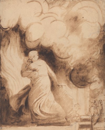 En mor med sit barn i armene flyver på voldene i en by i flammer (Lady Hamilton som "Andromache" flygter fra Trojas afbrænding; Ilden) af George Romney