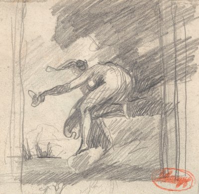 Kvindefigur knæler på et forbjerg og vinker af George Romney