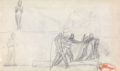 Gruppescene og to skitser af en stående figur af George Romney