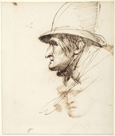Hovedet af en mand set i profil, iført en stor hat af George Romney