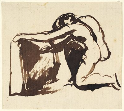 En nøgen figur, der knæler og skriver på en stor tavle af George Romney
