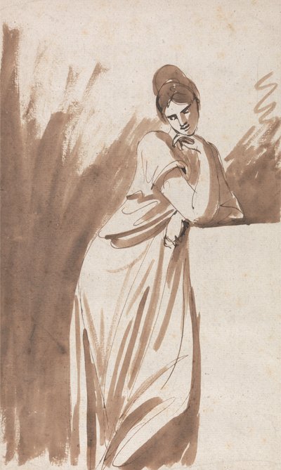 Dame, der læner sig mod en sokkel (muligvis en skitse til »Miss Woodley«) af George Romney