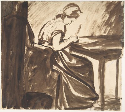 Dame siddende ved et bord (forsiden); Dansende figurer (bagsiden) af George Romney