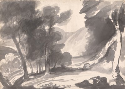 Landskabsstudie: Løvskov, sø og bjerge af George Romney