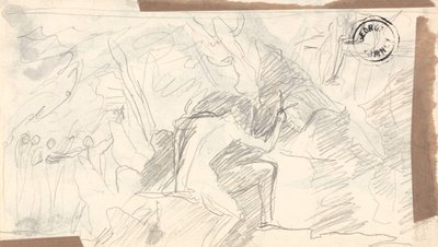 Nøgen mand i en klippefyldt ødemark med figurer i det fjerne af George Romney