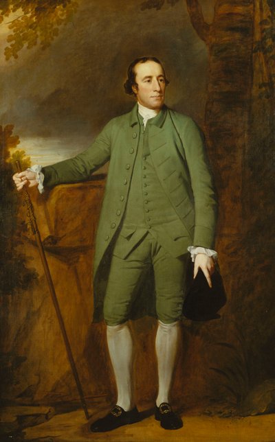 Portræt af George Morewood, stående i fuld længde, i en grøn frakke, vest og ridebukser, holder en hat i venstre hånd, en stok i højre, af George Romney