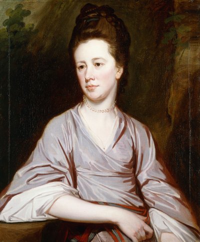 Portræt af Miss Joan Knatchbull, siddende halvlængde iført en lilla kjole og en perlehalskæde, af George Romney