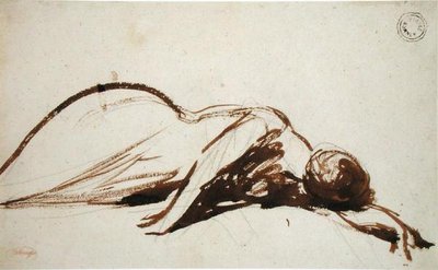Udstrakt kvinde (pensel og brunt blæk over grafit på lagt papir) af George Romney