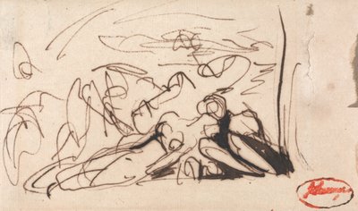 En liggende kvinde, omgivet af to personer af George Romney