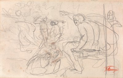 Siddende figur, der afsiger dom over en knælende figur af George Romney