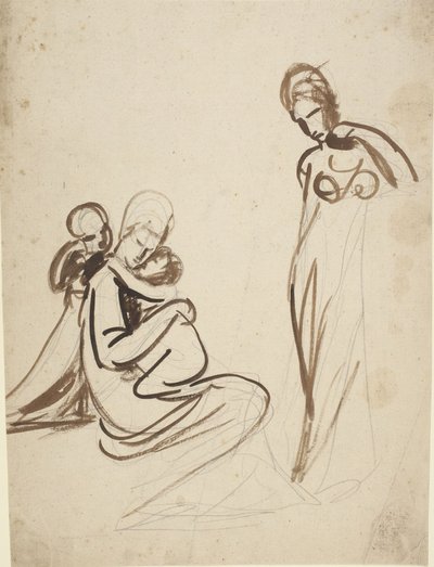 Siddende kvinde med to børn og en stående kvinde af George Romney