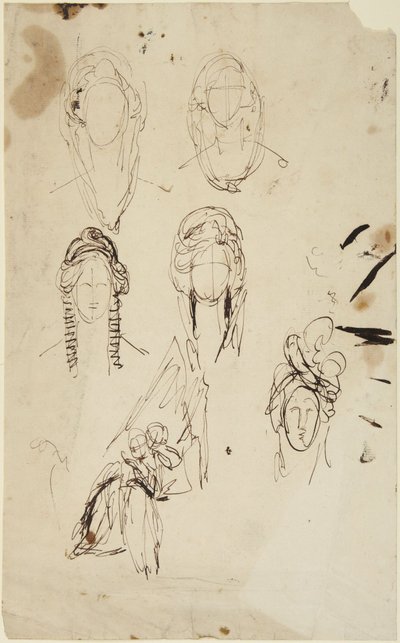 Tegninger af et kvindehoved og af en siddende kvinde med et barn af George Romney