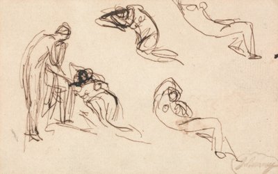 En stående figur og fire liggende figurer af George Romney