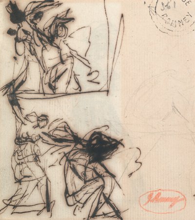Stående figur med løftet arm og siddende figur af George Romney