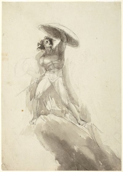 Stolt gående mandlig nøgenfigur med skjold: studie til »De oprørske engles fald« af George Romney