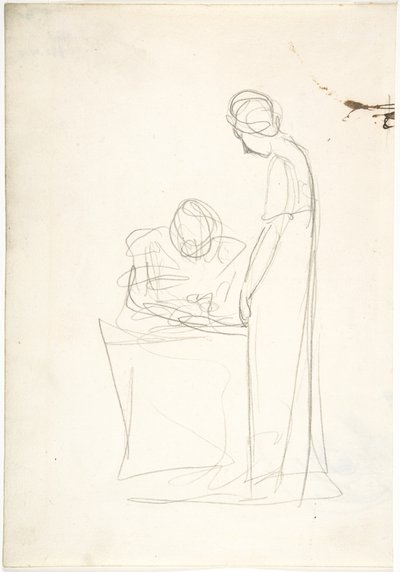 Studie af to figurer: den ene siddende, den anden stående (recto). Studie af et hoved, der ser opad (verso) af George Romney