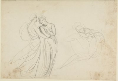 To kvindeskikkelser foran en siddende skikkelse, studie til »To piger, der konsulterer en spåkvinde« af George Romney