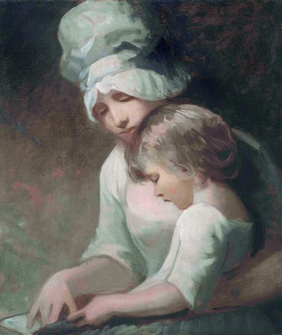 "A Mother and Child Reading" (A Mother and Child Reading) (Mrs Cumberland og hendes søn) Maleri af George Romney (1734-1802) - Olie på lærred Dim 63,5x53,7 cm Privat samling af George Romney