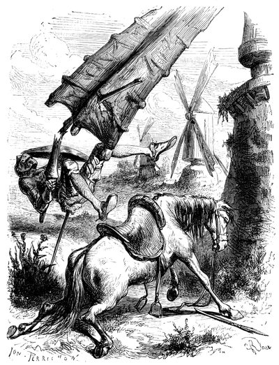 Kampen mod møllerne: Don Quijote og Rossinante bliver kastet til jorden af en møllevinge. af George Roux
