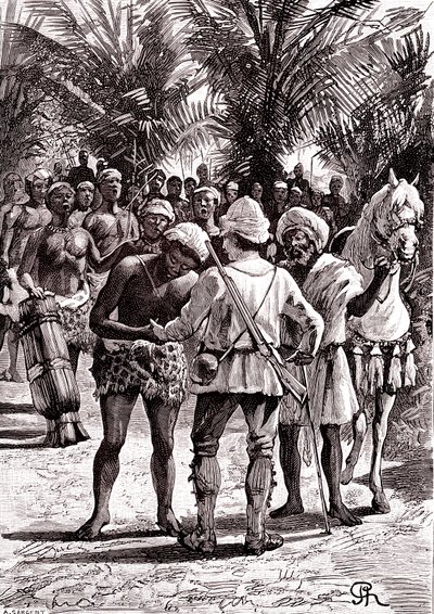 Udforsker i de store søer i Sudan. 1888 (gravering) af George Roux