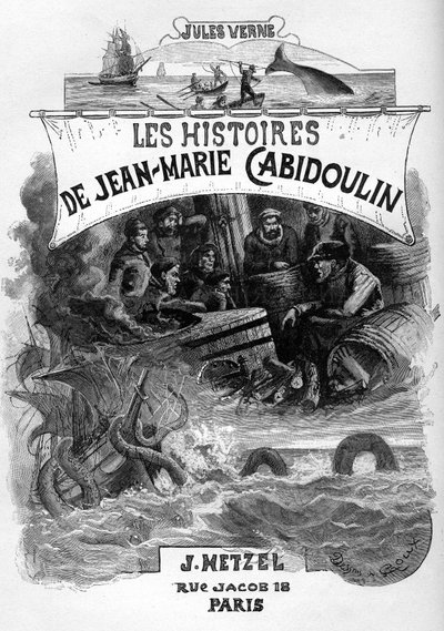 Frontispice af Jules Vernes roman "Les histoires de Jean-Marie Cabidoulin" (1901), Hetzel Collection/Extraordiaires, illustration af George Roux. "Fremkaldelse af maritime scener: harpunering af en hval, angreb på et skib af en søslange" af George Roux
