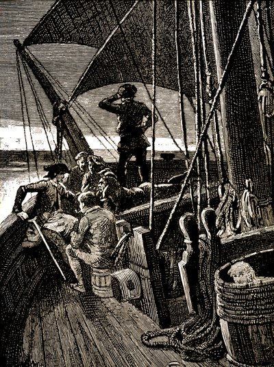 Jim Hawkins overhører en samtale, der afslører piraternes mytteri af George Roux