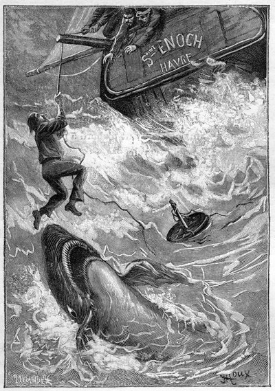 Jules Vernes roman "Les histoires de Jean-Marie Cabidoulin" (1901), Hetzel Collection/Extraordiaires, illustration af George Roux. "Maritim scene: sømand angrebet af haj i Stillehavet" af George Roux