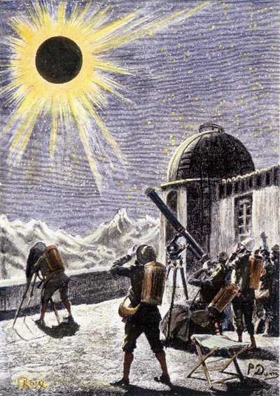 Folk ser på formørkelsen - i "" Les Exiles de la Terre"" af André Laurie, illustration af Georges Roux. Editions Hetzel af George Roux
