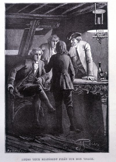 Historiescene på skibspladsen: unge Jim Hawkins foran Dr. Livesey og Chevalier Trelawney - i Stevensons "L