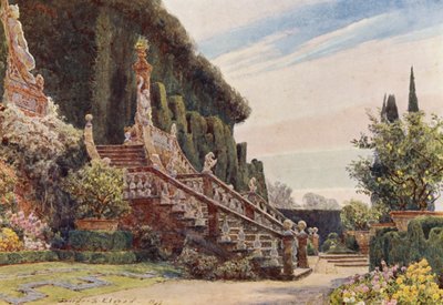 Italienske haver: Den store trappe, Villa Garzoni (farvelitografi) af George Samuel Elgood