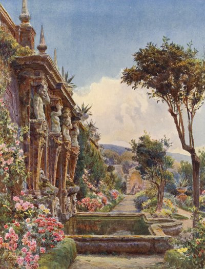 Italienske haver: Den nedre terrasse, Villa Imperiali (farvelitografi) af George Samuel Elgood