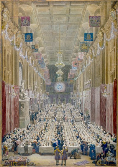 Udsigt over overborgmesterens middag i Guildhall, City of London, 1828 af George Scharf