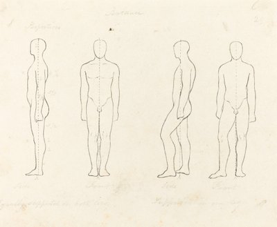 Udstrækning af bevægelse, set forfra og fra siden udlignet, understøttet på ét ben af George Scharf after John Flaxman
