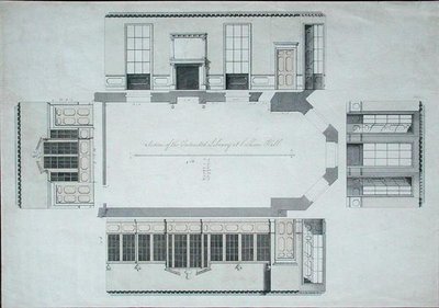 Sektion af det påtænkte bibliotek i Cobham Hall, Kent (pen og blæk med farvet vask på papir) af George Shakespeare
