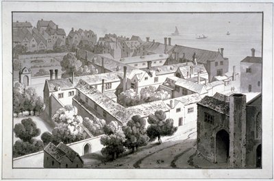 Fugleperspektiv af biskoppen af Winchesters palads, Southwark, London, c1820. af George Shepherd