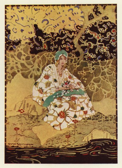 En meget smuk pige, der sidder på bredden af åen (farve litho) af George Sheringham