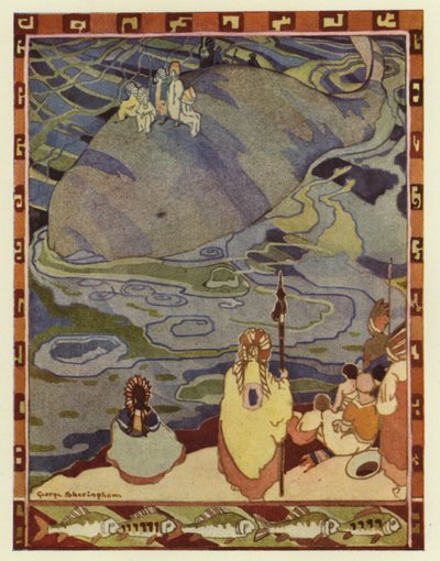 Glooskap samlede sit folk på kysten og bad hvalerne bære dem til deres gamle hjem (farve litho) af George Sheringham