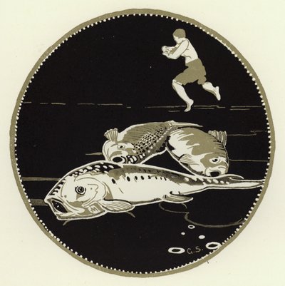 Han så fire store fisk ligge på isen (farve litho) af George Sheringham