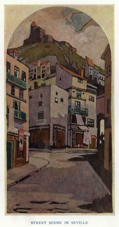 The Duenna af Sheridan: Street Scene in Sevilla (farve litho) af George Sheringham