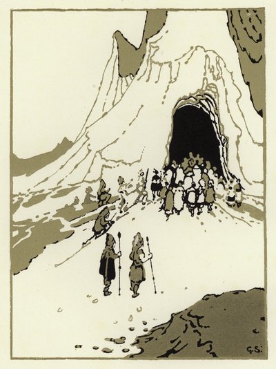 Folket tog ud for at finde kæmperne, snart kom de til deres hule (farve litho) af George Sheringham