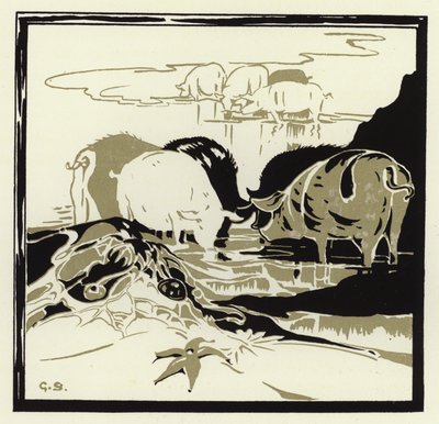Grisene kom gryntende over sandet (farve litho) af George Sheringham