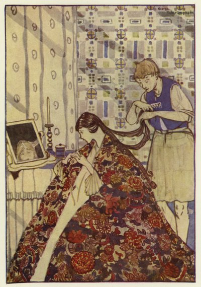 Så klædte han sin søster godt tøj på og vaskede og redede hendes hår (farve litho) af George Sheringham