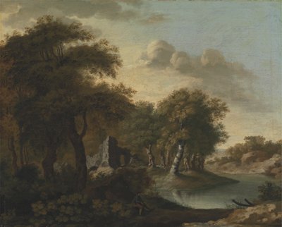 En udsigt nær Arundel, Sussex, med ruiner ved vandet af George Smith