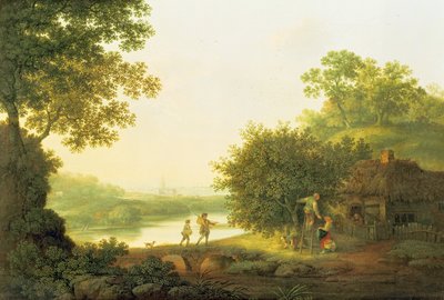Æbleplukkere, ved et sommerhus i et skovklædt landskab med Chichester Beyond af George Smith