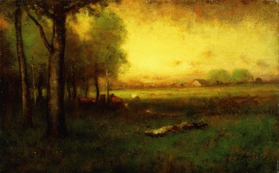 Køer græsser ved solnedgang, af George Snr. Inness