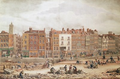 En udsigt over High Street Southwark, der er den gamle vejbane (farvegravering) af George Snr Scharf